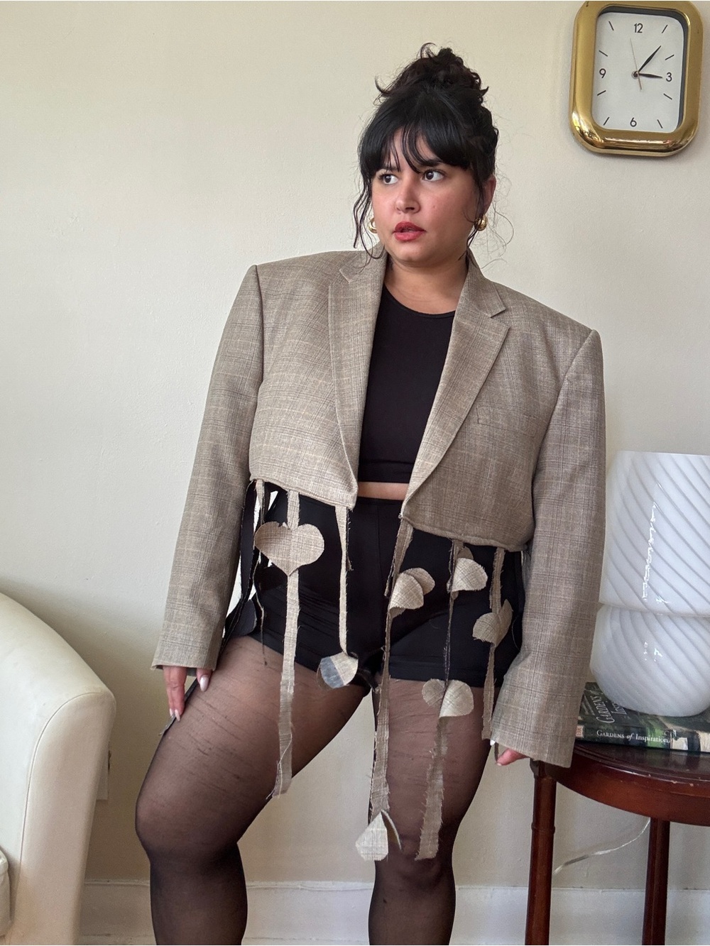 Cropped Beige Fringe Blazer Jacket - Women